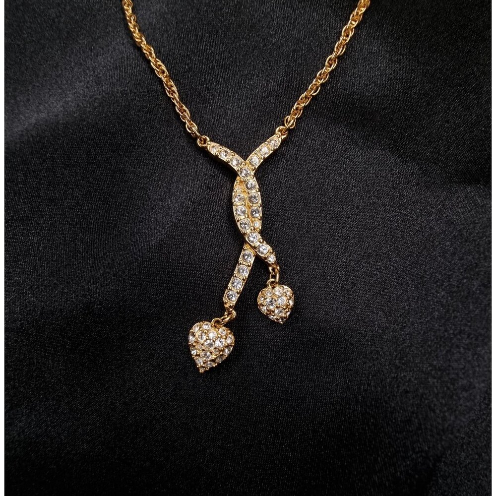 Vintage Swarovski Gold-Tone Necklace With Crystals & Heart Pendants